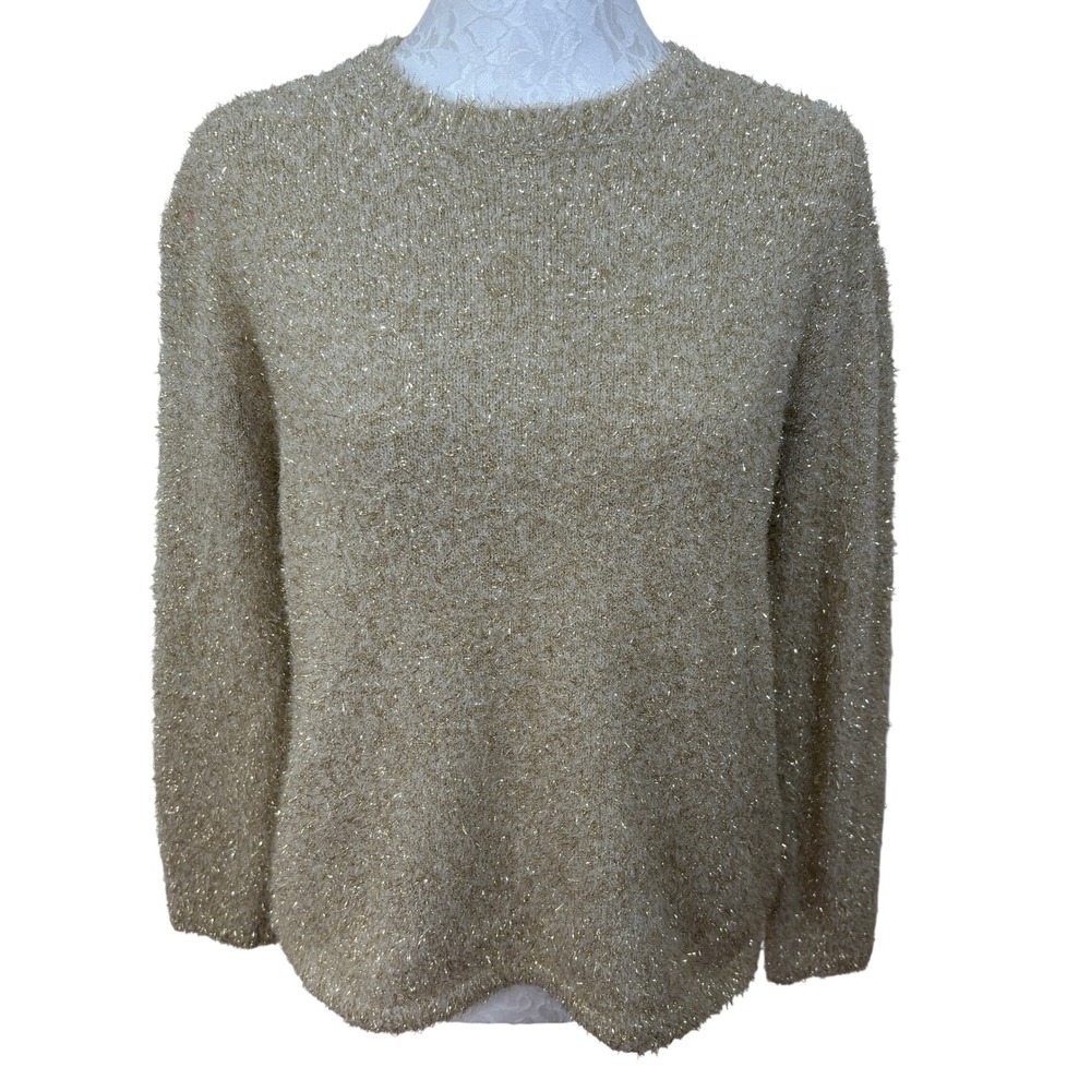 Sam & Jess Gold Metallic Tinsel Sparkly Long Sleeve Pullover Knit Sweater XS